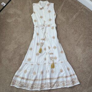 Passager Resortwear Dress Womens L White Embroidered Gold Boho Tassel Lined Maxi